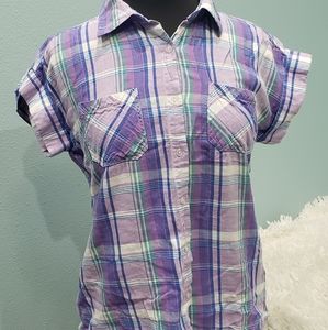 Lavender Plaid Flannel Button Shirt